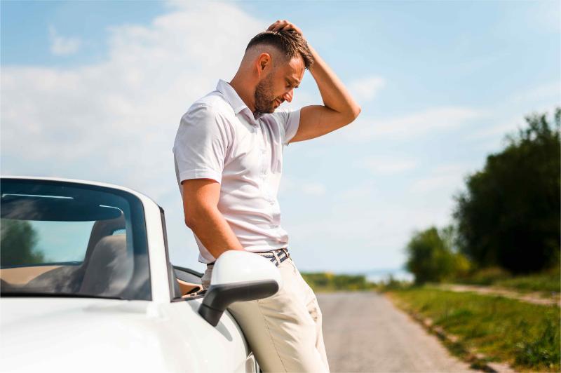Om care sta pe marginea drumului, sprijinindu-se de masina, cu mana pe cap, ingrijorat.
